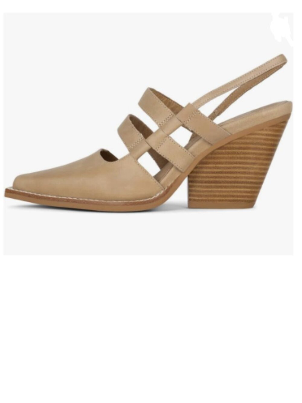 FYS Brown Pointed Toe Slingback Pumps Stacked Block High Heel Two Strap Shoes